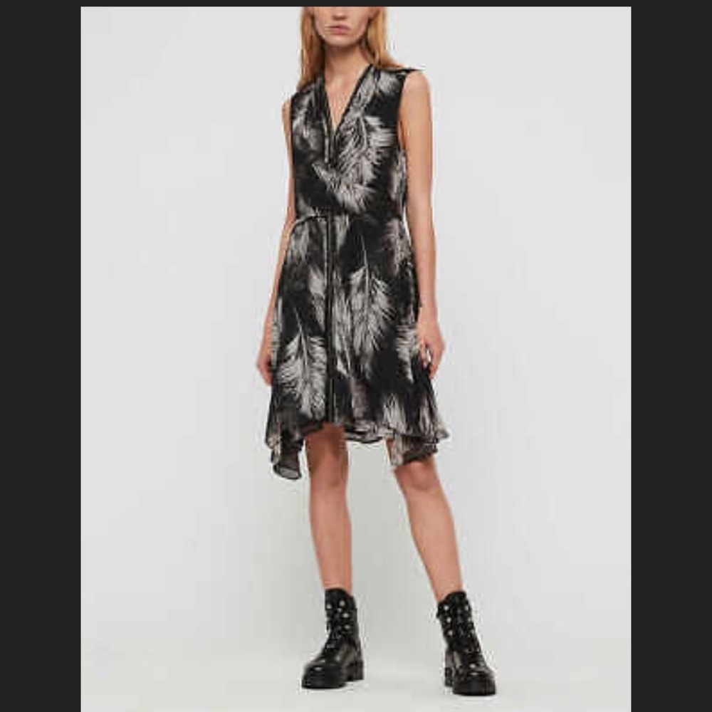 NWT All Saints Jayden Feather Dress Black Sz Medium